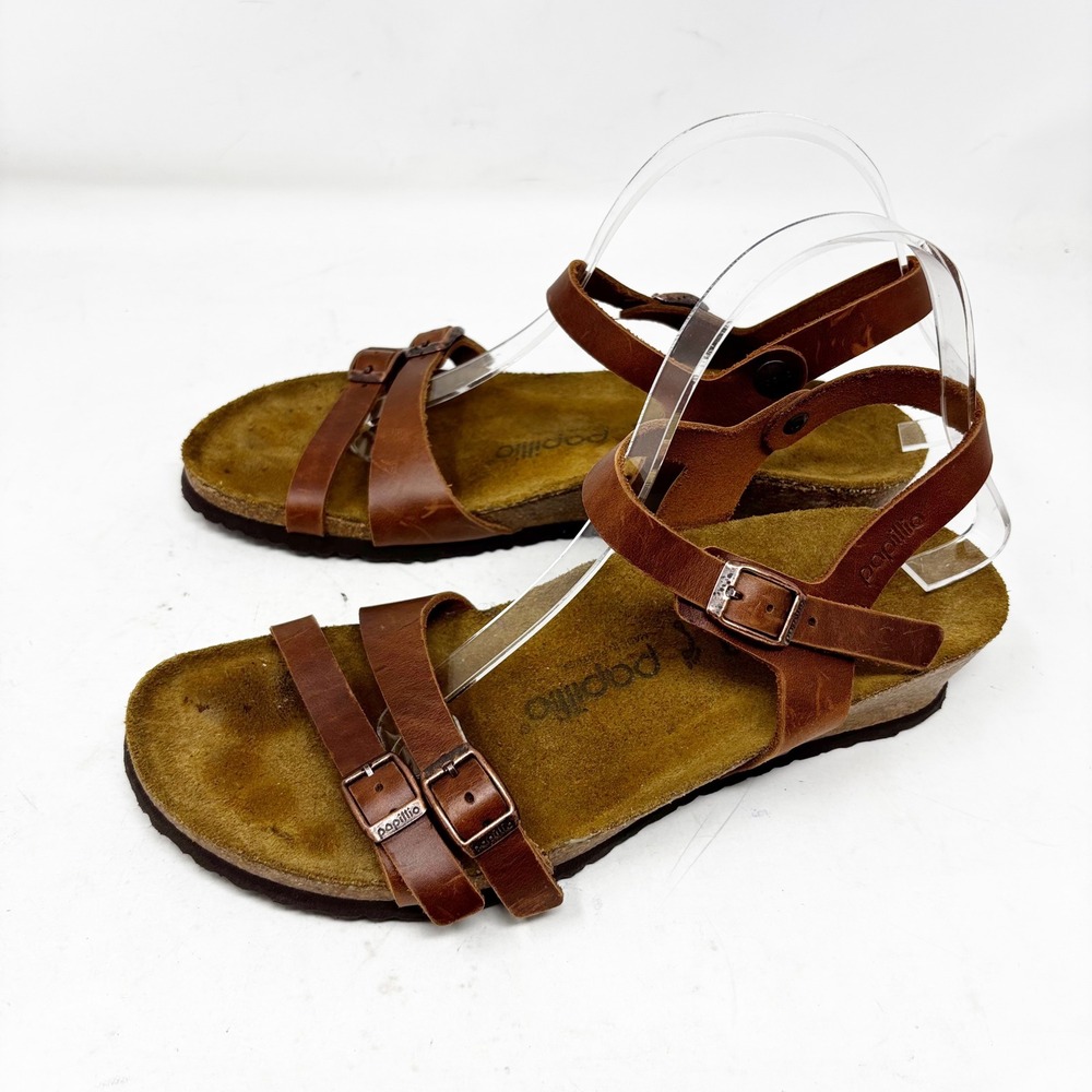Papillio Birkenstock Lana Brown Leather Wedge Ankle Strap Sandals Size 40/9 9.5